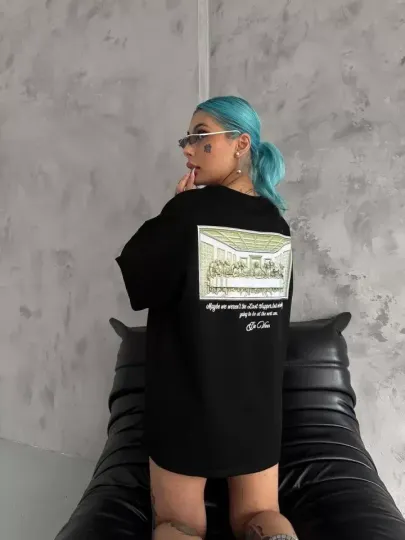 Unisex Baskılı Oversize T-Shirt - Siyah - M - Siyah