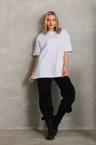 Unisex Bisiklet Yaka 20/1 Düz Oversize T-Shirt - Beyaz - L - Beyaz