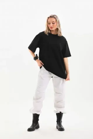 Unisex Bisiklet Yaka 20/1 Düz Oversize T-Shirt - Siyah - L - Siyah