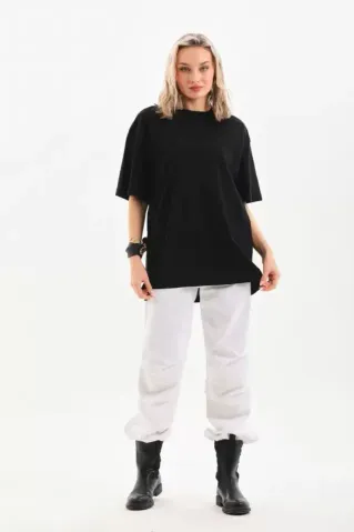Unisex Bisiklet Yaka 20/1 Düz Oversize T-Shirt - Siyah - M - Siyah
