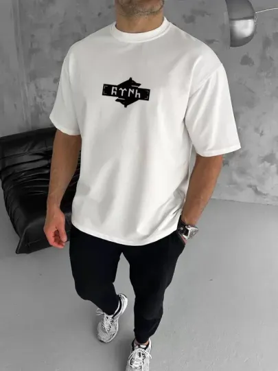 Unisex Bisiklet Yaka Baskılı Double Oversize T-Shirt - Beyaz - L - Beyaz