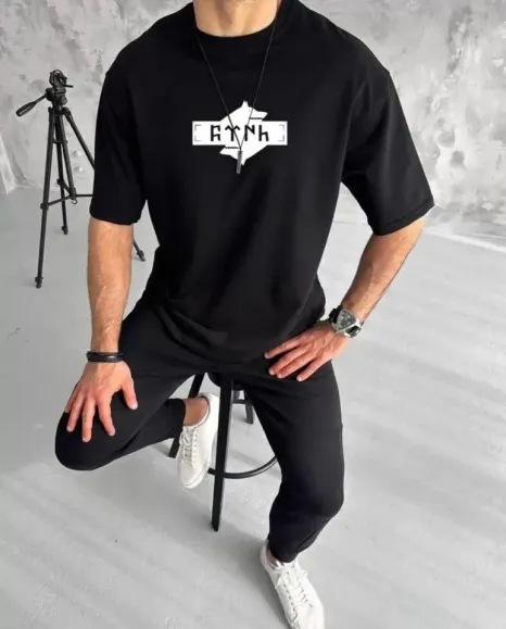 Unisex Bisiklet Yaka Baskılı Double Oversize T-Shirt - Siyah - S - Siyah