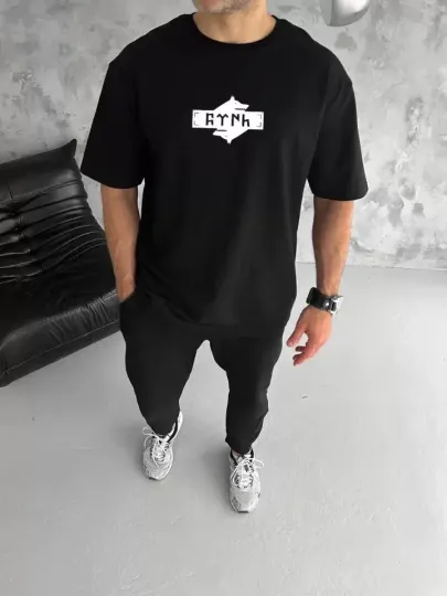 Unisex Bisiklet Yaka Baskılı Double Oversize T-Shirt - Siyah - XL - Siyah