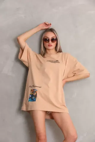 Unisex Bisiklet Yaka Baskılı Oversize T-Shirt - Bej - L - Bej
