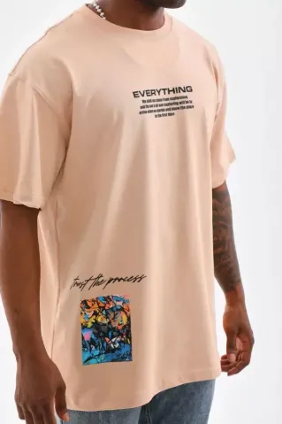Unisex Bisiklet Yaka Baskılı Oversize T-Shirt - Bej - S - Bej