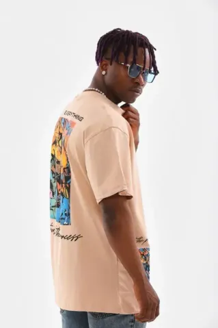 Unisex Bisiklet Yaka Baskılı Oversize T-Shirt - Bej - S - Bej