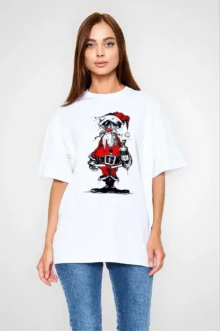 Unisex Bisiklet Yaka Baskılı Oversize T-Shirt - Beyaz - L - Beyaz