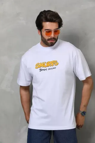 Unisex Bisiklet Yaka Baskılı Oversize T-Shirt - Beyaz - L - Siyah