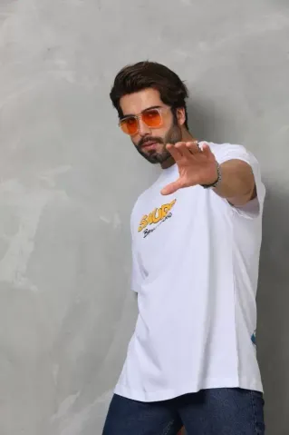 Unisex Bisiklet Yaka Baskılı Oversize T-Shirt - Beyaz - L - Siyah