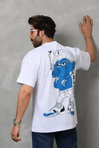 Unisex Bisiklet Yaka Baskılı Oversize T-Shirt - Beyaz - S - Siyah