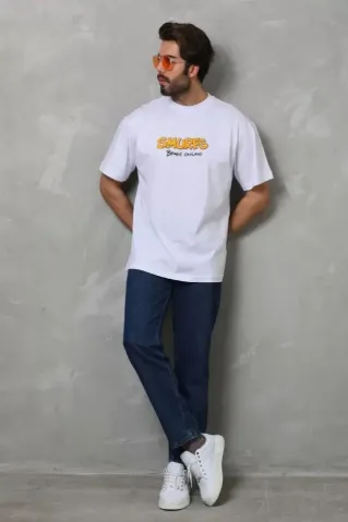 Unisex Bisiklet Yaka Baskılı Oversize T-Shirt - Beyaz - S - Siyah