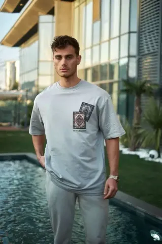 Unisex Bisiklet Yaka Baskılı Oversize T-Shirt - Boyalı Gri - XL - Boyalı Gri