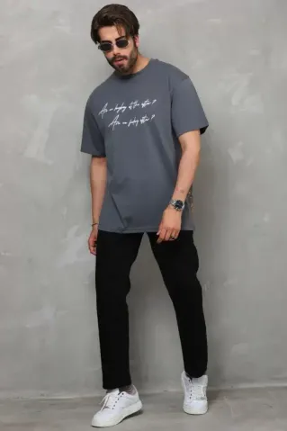 Unisex Bisiklet Yaka Baskılı Oversize T-Shirt - Füme - XL - Füme