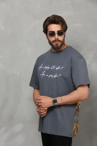 Unisex Bisiklet Yaka Baskılı Oversize T-Shirt - Füme - XL - Füme