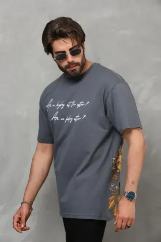 Unisex Bisiklet Yaka Baskılı Oversize T-Shirt - Füme - XL - Füme
