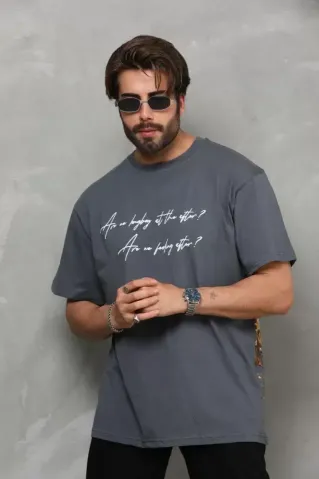 Unisex Bisiklet Yaka Baskılı Oversize T-Shirt - Füme - XL - Füme