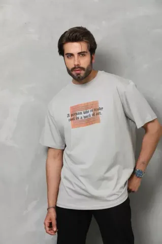 Unisex Bisiklet Yaka Baskılı Oversize T-Shirt - Gri - S - Gri