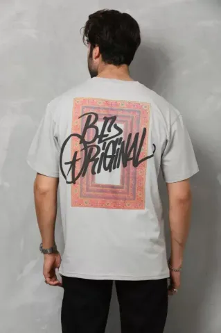 Unisex Bisiklet Yaka Baskılı Oversize T-Shirt - Gri - XL - Gri