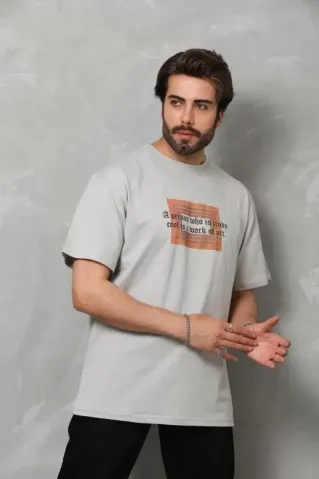 Unisex Bisiklet Yaka Baskılı Oversize T-Shirt - Gri - XL - Gri