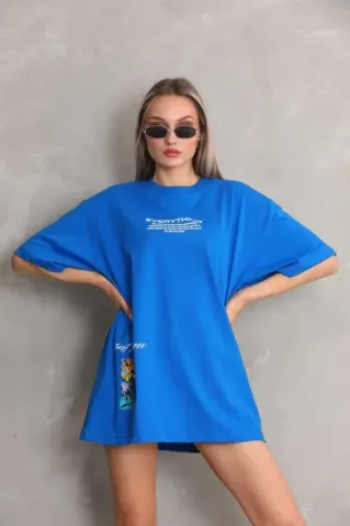 Unisex Bisiklet Yaka Baskılı Oversize T-Shirt - Mavi - S - Mavi