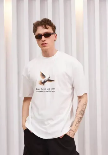 Unisex Bisiklet Yaka Baskılı Oversize T-Shirt - Siyah - M - Beyaz