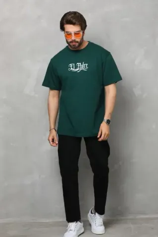 Unisex Bisiklet Yaka Baskılı Oversize T-Shirt - Yeşil - S - Yeşil