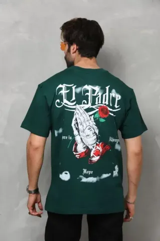 Unisex Bisiklet Yaka Baskılı Oversize T-Shirt - Yeşil - S - Yeşil