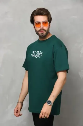Unisex Bisiklet Yaka Baskılı Oversize T-Shirt - Yeşil - S - Yeşil