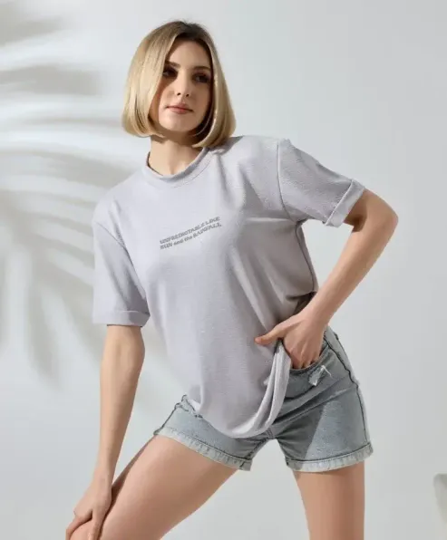 Unisex Bisiklet Yaka Baskılı Slim Fit T-Shirt - Boyalı Gri - L - Boyalı Gri