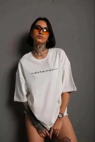 Unisex Bisiklet Yaka Baskılı T-Shirt - Beyaz - M - Beyaz