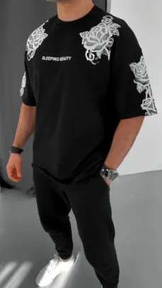 Unisex Flok Kabartma Baskılı T-Shirt - Siyah - S - Siyah
