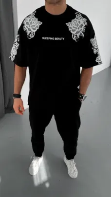 Unisex Flok Kabartma Baskılı T-Shirt - Siyah - S - Siyah