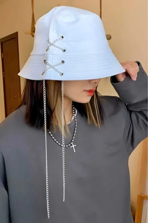 Unisex K Pop Tasarım Zincirli Bucket Şapka