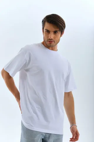 Unisex Oversize Düz Bisiklet Yaka T-Shirt - Beyaz - M - Beyaz
