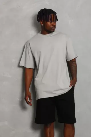 Unisex Oversize Düz Bisiklet Yaka T-Shirt - Gri - M - Gri