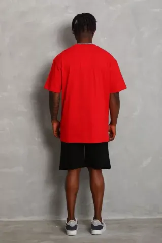 Unisex Oversize Düz Bisiklet Yaka T-Shirt - Kırmızı - L - Kırmızı