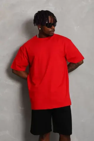 Unisex Oversize Düz Bisiklet Yaka T-Shirt - Kırmızı - L - Kırmızı