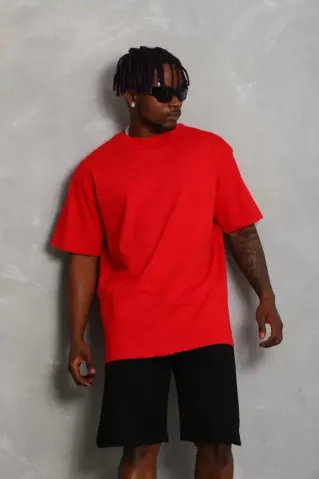 Unisex Oversize Düz Bisiklet Yaka T-Shirt - Kırmızı - L - Kırmızı