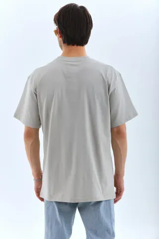 Unisex Oversize Taşlı Bisiklet Yaka T-Shirt - Gri - L - Gri