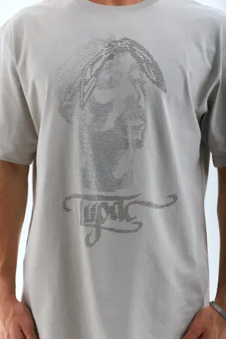 Unisex Oversize Taşlı Bisiklet Yaka T-Shirt - Gri - L - Gri