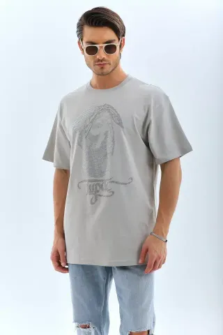 Unisex Oversize Taşlı Bisiklet Yaka T-Shirt - Gri - L - Gri