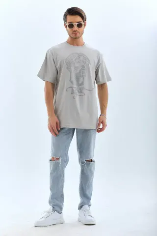 Unisex Oversize Taşlı Bisiklet Yaka T-Shirt - Gri - S - Gri