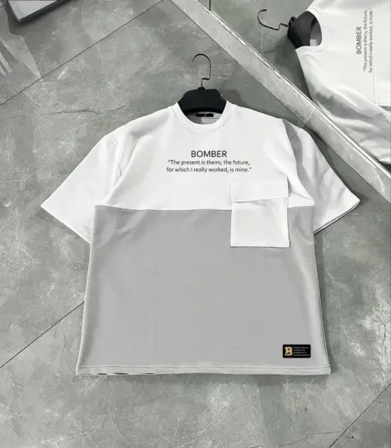 Unisex Torba Cep Detaylı Parçalı T-Shirt - Gri - L - Gri