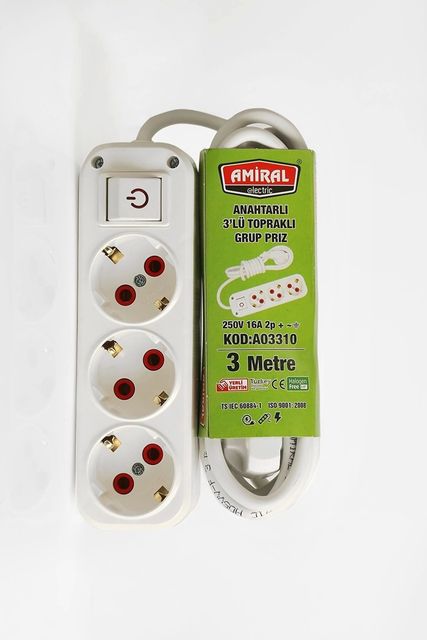 ureticiniz 55AH-AH-AVH-934 Amiral 3' Lü Topraklı Anahtarlı 3 Metre Kablolu Grup Priz 1