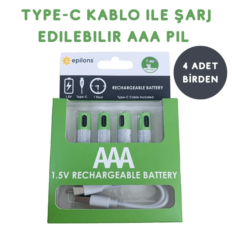 Usb Type-C ile Şarjolabilen 4 Adet AAA 1.5V Lityum Şarjlı Kalem Pil 750 mAH Uzun Ömürlü
