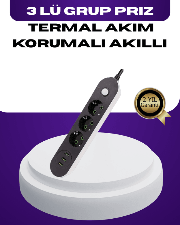 USB Yuvalı Anahtarlı Üçlü Priz 2 Metre Kablolu