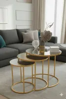 Usta Mekan Gold Metal Gümüş Düz Aynalı 3lü Zigon Sehpa Gold - Gümüş