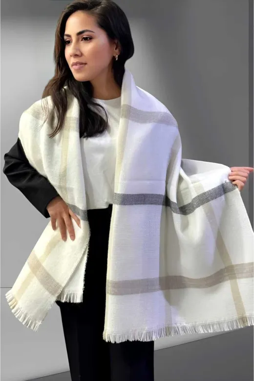 UTŞ152536 Kadın Yumuşak Dokulu Ekru- Gri Çizgili Omuz Şalı Atkı ( 70Cm X 180Cm )