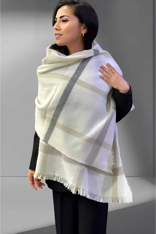 UTŞ152536 Kadın Yumuşak Dokulu Ekru- Gri Çizgili Omuz Şalı Atkı ( 70Cm X 180Cm )