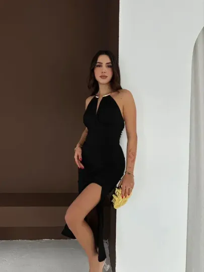 Uzun Abiye Elbise Yırtmaçlı Sırt Dekolteli Şık Gece Elbisesi - Siyah - M - Siyah